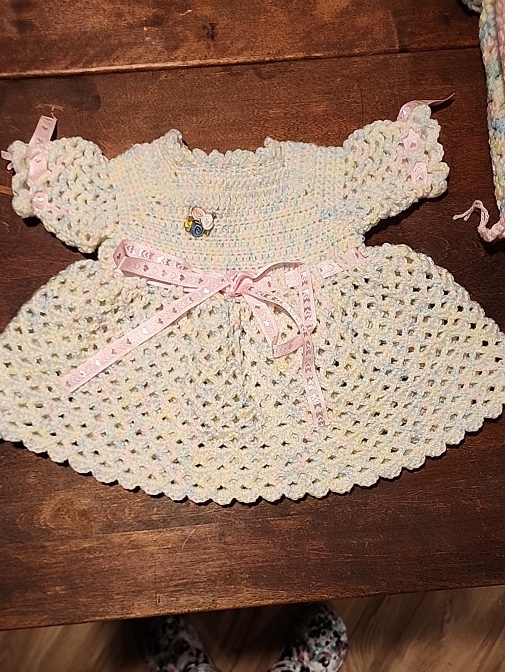 Hand Crafted Pastel Crochet Baby Dress with Pink Ribbon